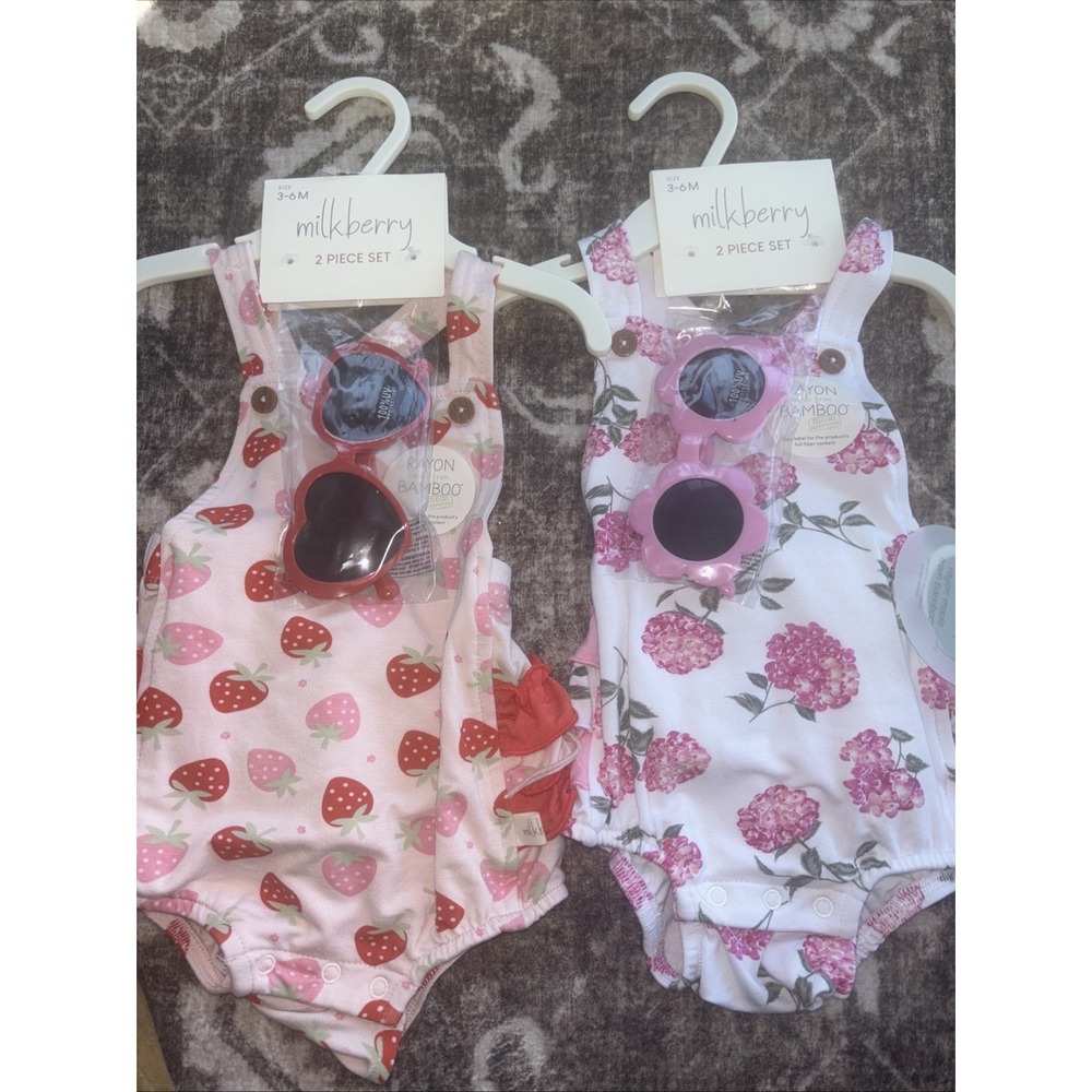 2 X Milkberry Baby Girl Size 3-6 Month Rompers Outfit With Ruffle Sunglasses